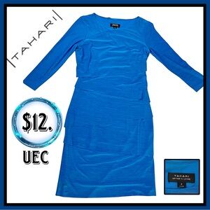 Tahari Blue Ruched Long Sleeve Sheath Dress